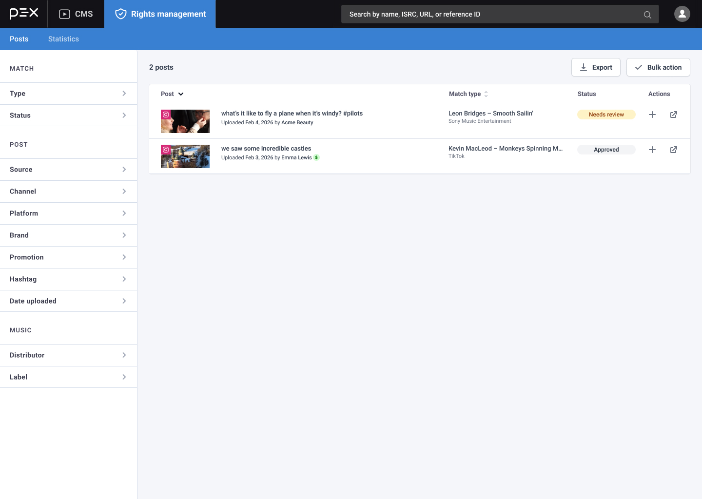Brand Monitoring posts list showing detected content and review status