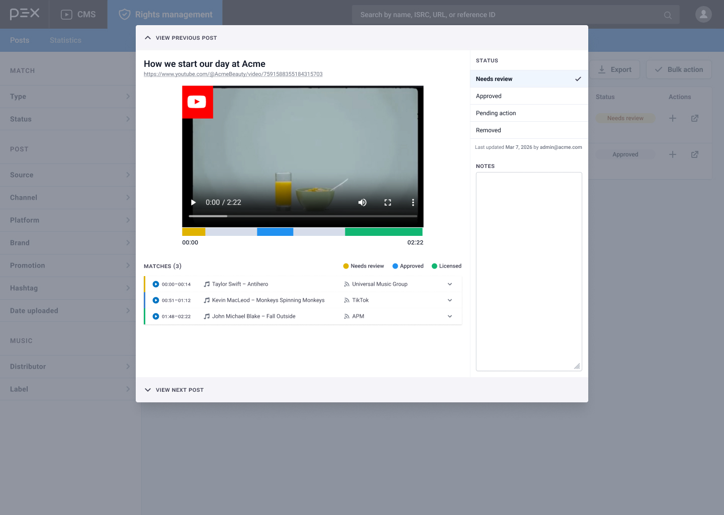 Brand Monitoring post review detail with match evidence and actions