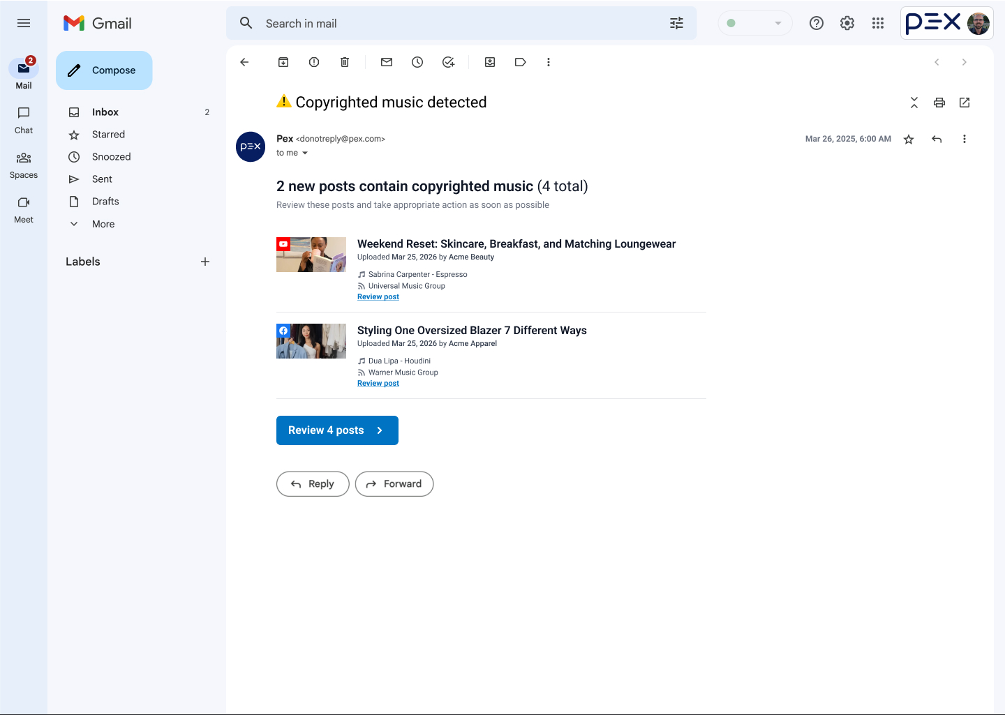 Brand Monitoring daily alert email summarizing unlicensed music detections in the last 24 hours