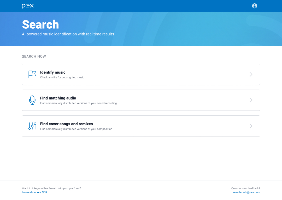Pex Search landing page with identify, match, and remix workflows