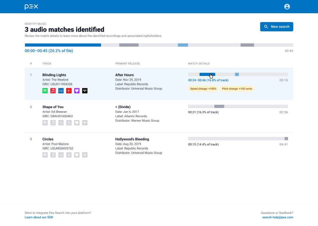 Pex Search match review flow showing actions after a detected result