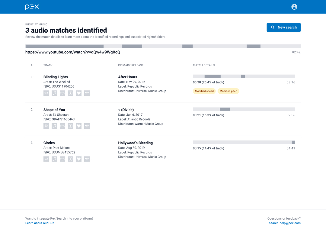 Pex Search results view listing matched tracks with metadata