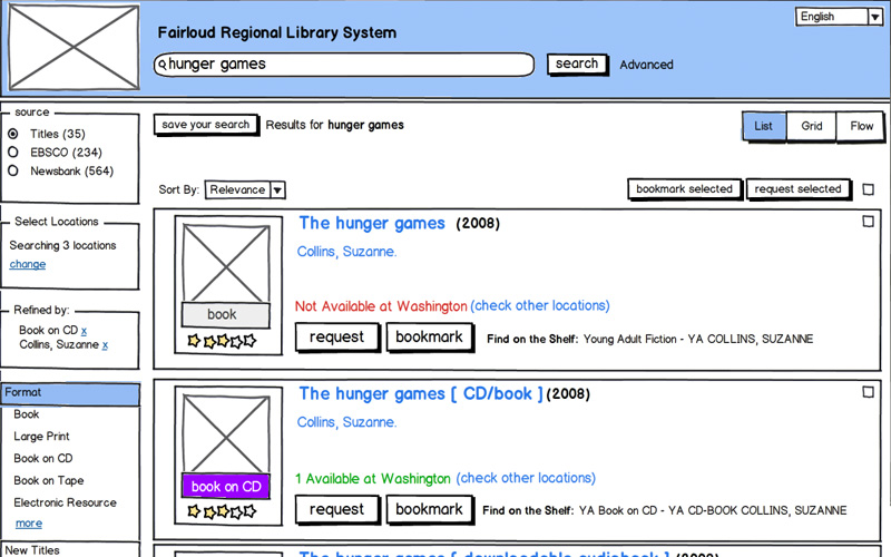 Public Access Cataloging search results wireframe